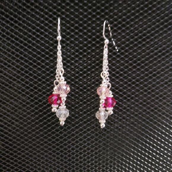 Fuchsia, pink and clear iridescent crystal rondelle earrings - Picture 2 of 4
